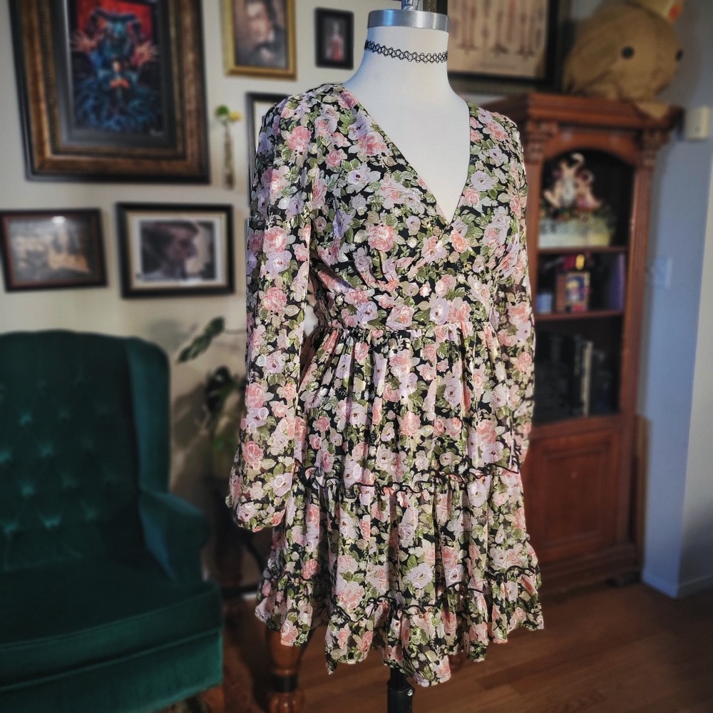 All In Favor Mini Dress Floral Long Sleeve Tiered V-Neck Black Pink Women Small